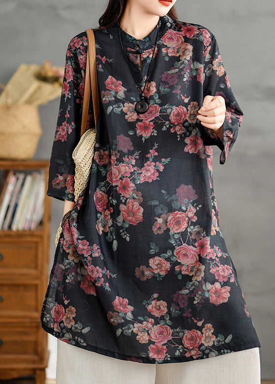 Stand Retro Leinen Seite Offen Print Shirts Schwarz Kragen Kleid