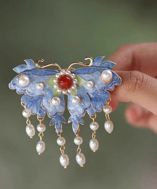 Retro Blau Sterling Silber Overgild Perle Schmetterling Quaste Haarnadel TS009