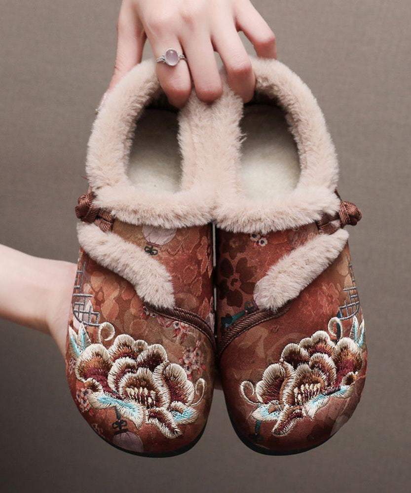Retro Kaffee Stickerei Flache Schuhe Spleißen Fuzzy Wolle Gefüttert TQ051