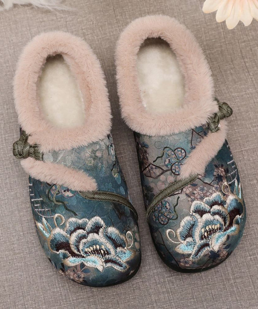 Retro Kaffee Stickerei Flache Schuhe Spleißen Fuzzy Wolle Gefüttert TQ051