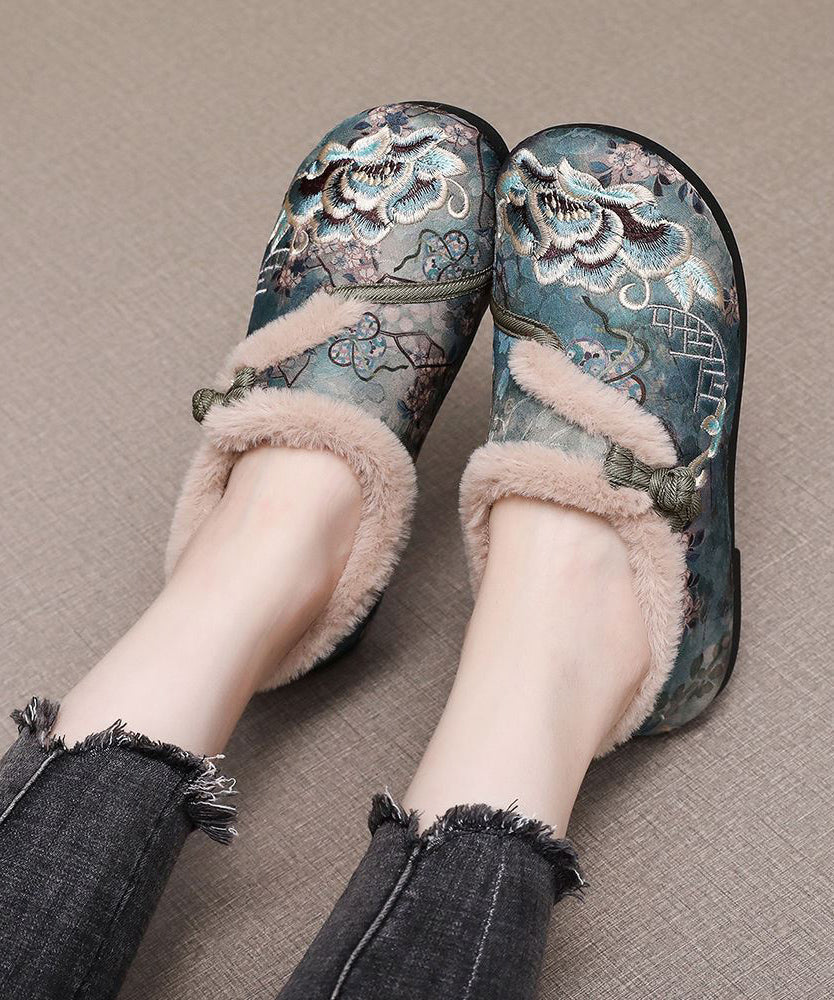 Retro Kaffee Stickerei Flache Schuhe Spleißen Fuzzy Wolle Gefüttert TQ051