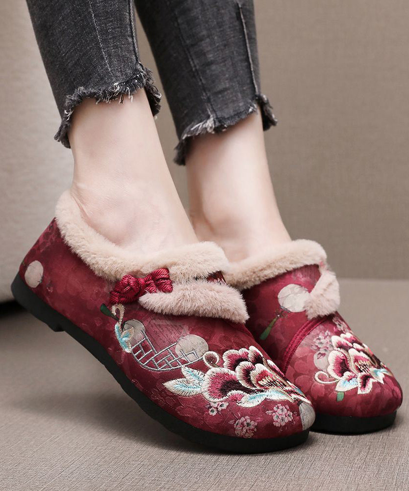 Retro Kaffee Stickerei Flache Schuhe Spleißen Fuzzy Wolle Gefüttert TQ051