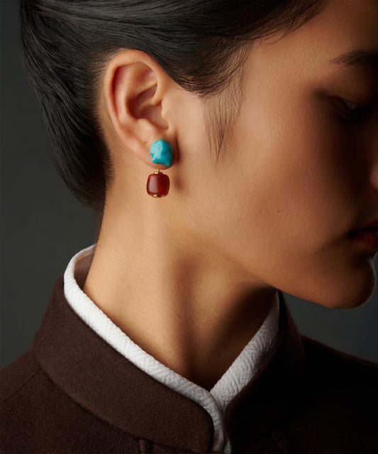 Goutte d'agate turquoise rétro surdorée en argent sterling colorblock