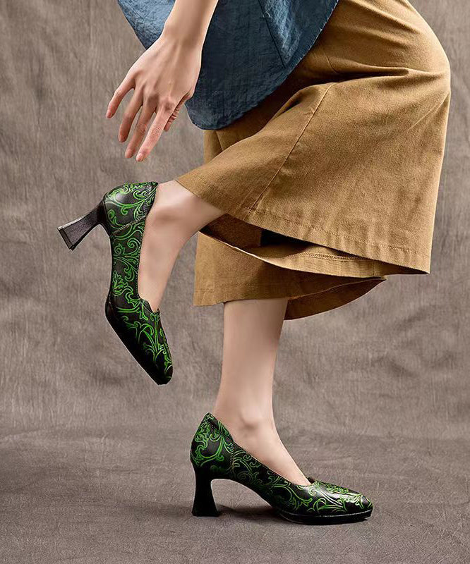 Retro Cowhide Leather Pointed Toe Embossed High Heels CZ1004