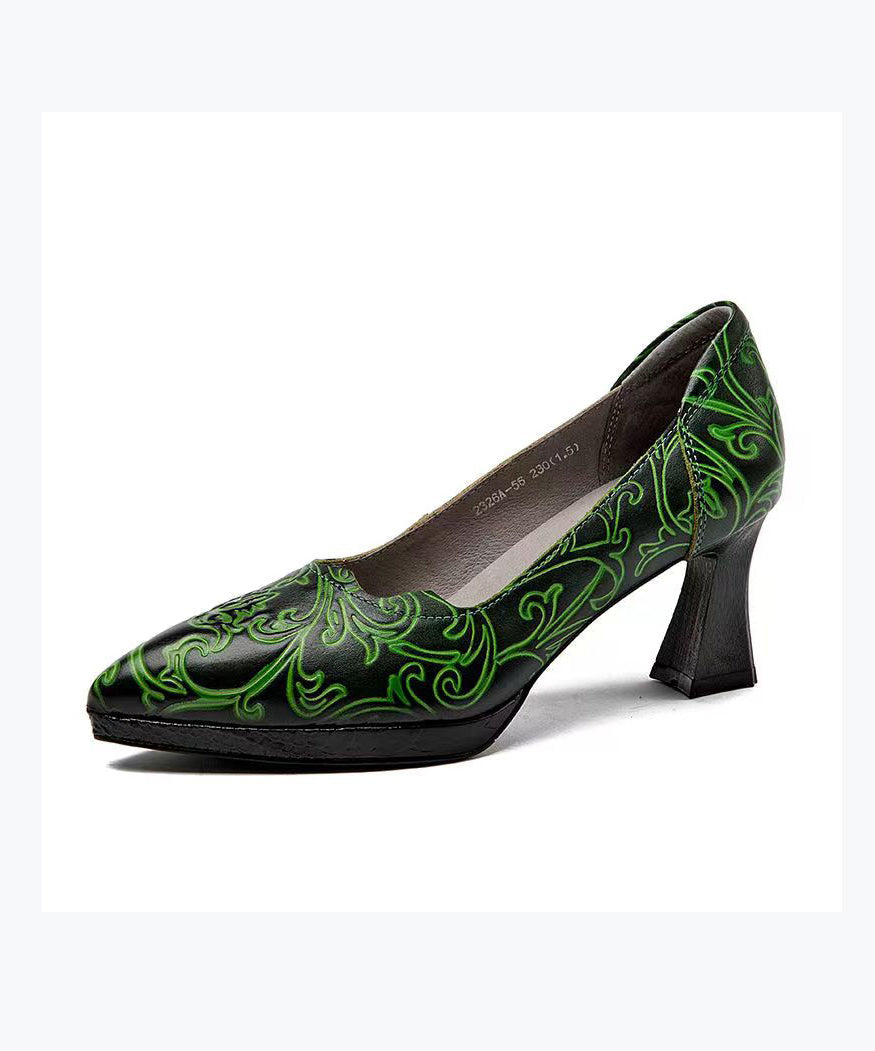Retro Cowhide Leather Pointed Toe Embossed High Heels CZ1004