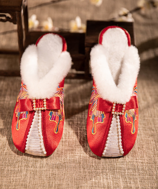 Retro Stickerei Chunky Hausschuhe Schuhe Weiß Satin Fuzzy Wolle Gefüttert RX027