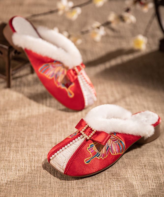 Retro Stickerei Chunky Hausschuhe Schuhe Weiß Satin Fuzzy Wolle Gefüttert RX027