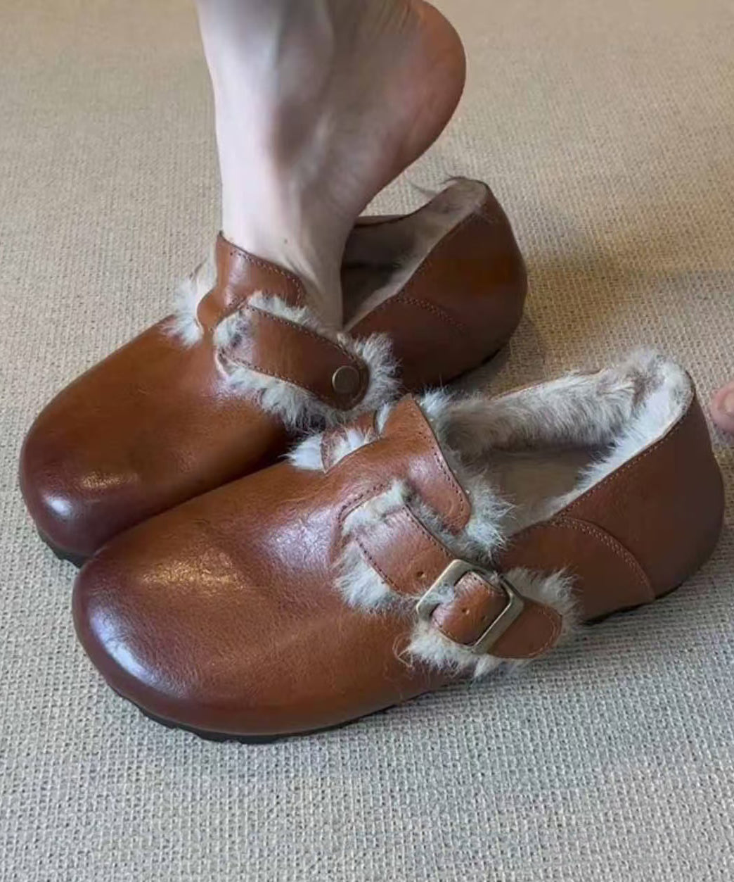 Retro-Flachschuhe Karamell Schaffell Flauschige Wolle gefüttert TP024