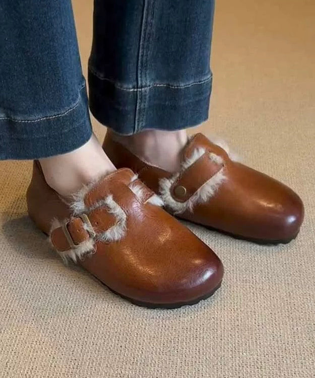 Retro-Flachschuhe Karamell Schaffell Flauschige Wolle gefüttert TP024