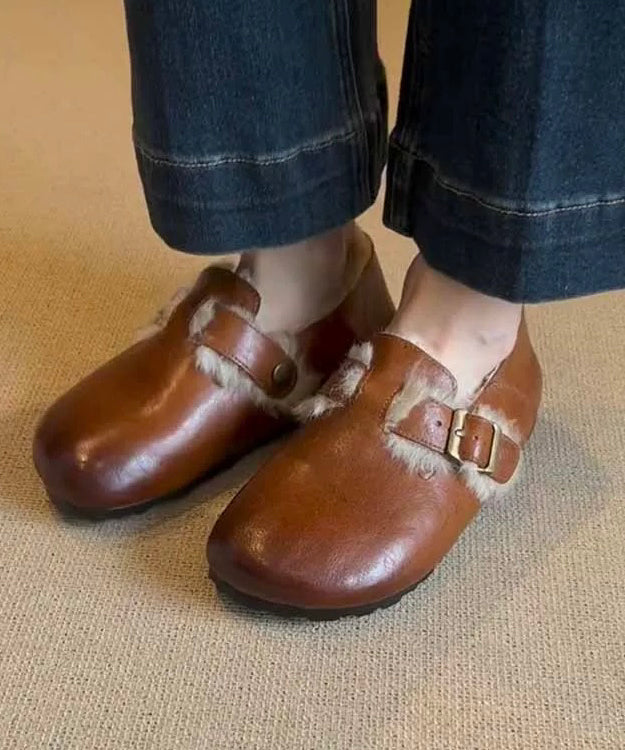 Retro-Flachschuhe Karamell Schaffell Flauschige Wolle gefüttert TP024