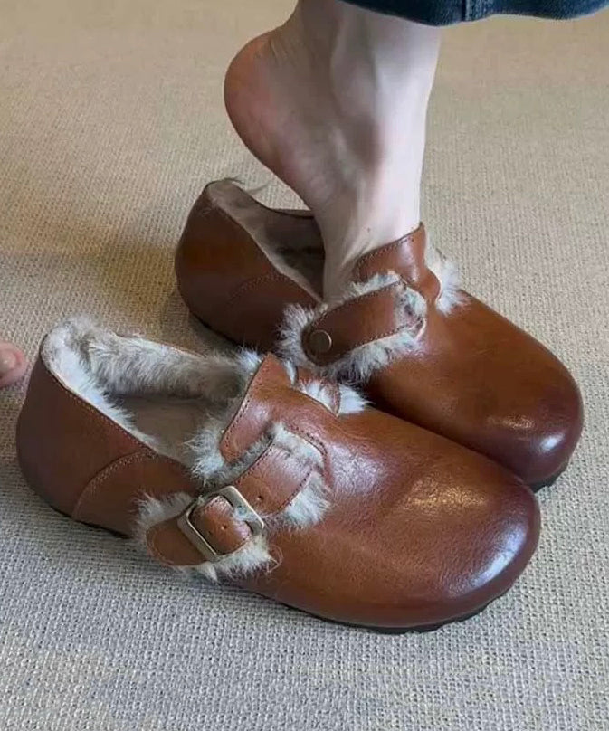 Retro-Flachschuhe Karamell Schaffell Flauschige Wolle gefüttert TP024