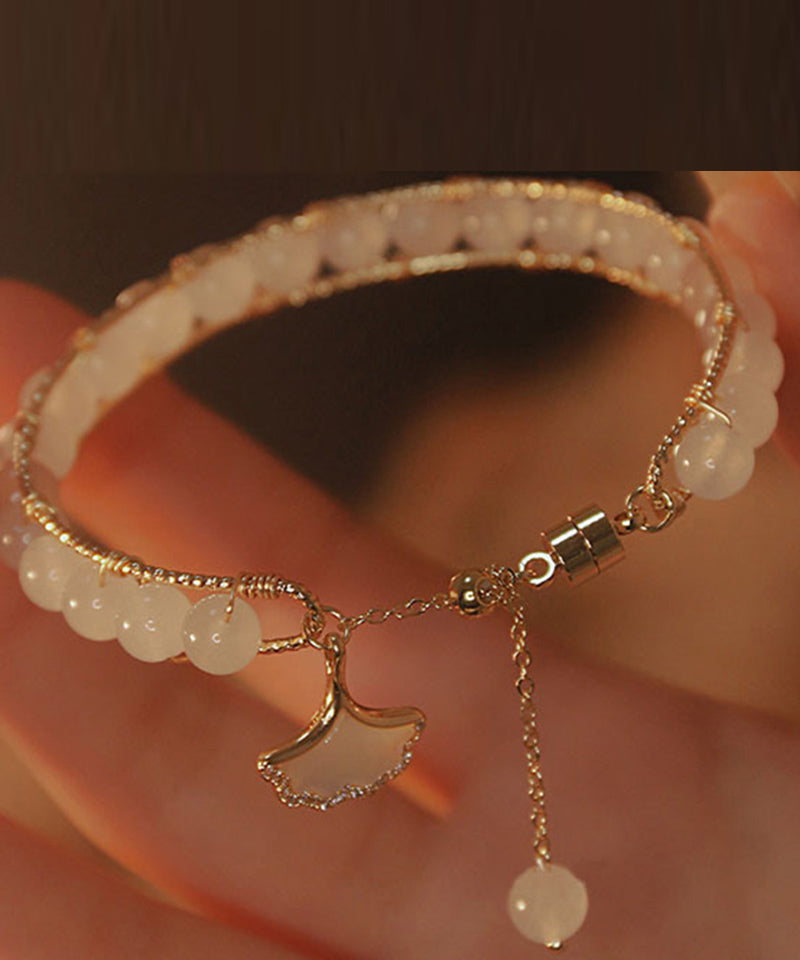 Retro Gold Sterling Silber Legierung Ginkgo Blätter Perlen Quaste Charm Armband WF018