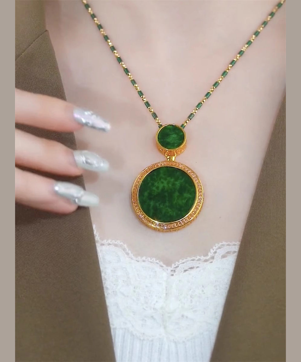 Retro-Halskette mit Anhänger aus grünem Sterlingsilber mit eingelegter Jade und Ping-Schnalle YA050
