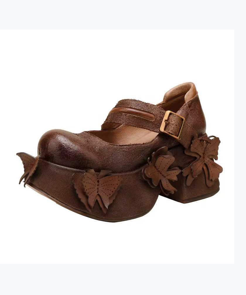 Graue Plateauschuhe mit Schmetterlings-Spleißen und Schnallenriemen im Retro-Stil CZ1007