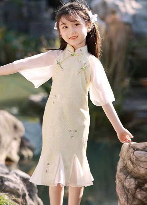 Kleid Lang Patchwork Kinder Hellgrün Rüschen Print Sommer Retro