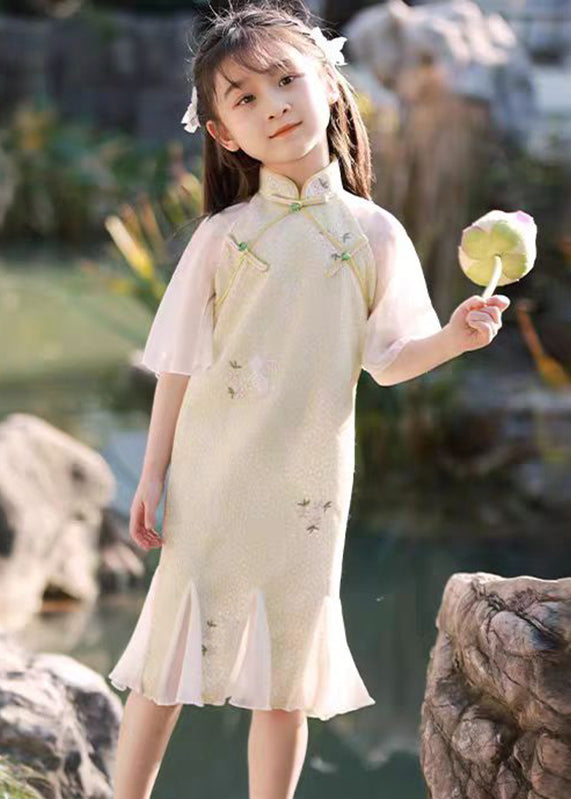 Kleid Lang Patchwork Kinder Hellgrün Rüschen Print Sommer Retro