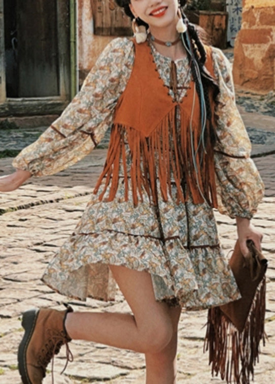 Weste Stücke Zwei Lange Quaste Kleid Und Patchwork Set Retro