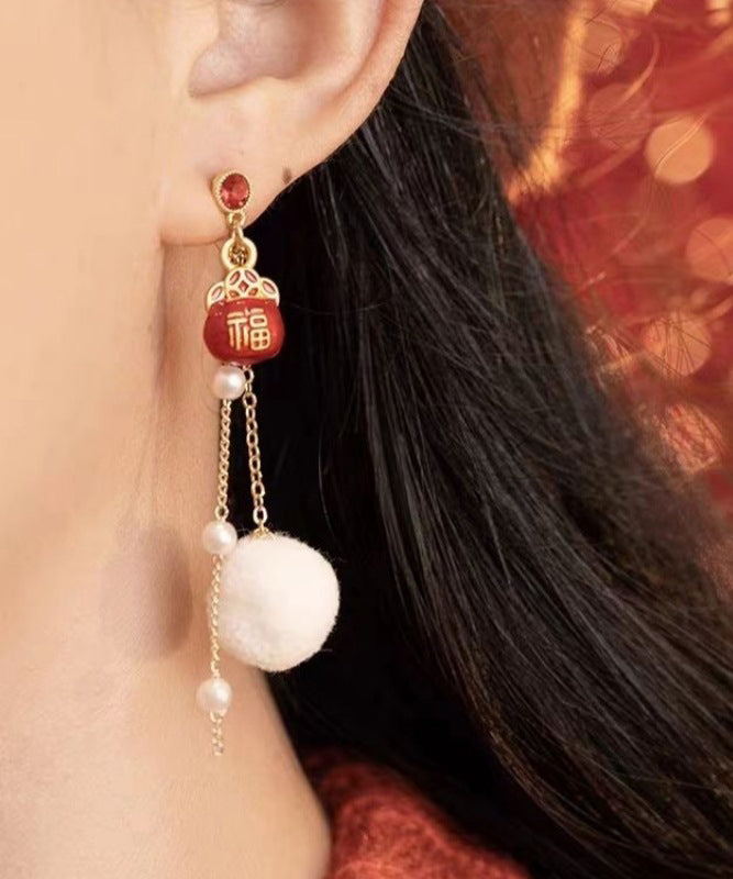 Retro Red Copper Overgild Asymmetric Pearl Lion Dance Lucky Cat Auspicious Clouds Drop Earrings YD040