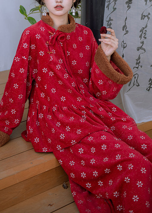 Retro Rot Bestickt Patchwork Warme Fleece Sets 2 Stück Frühling TQ010