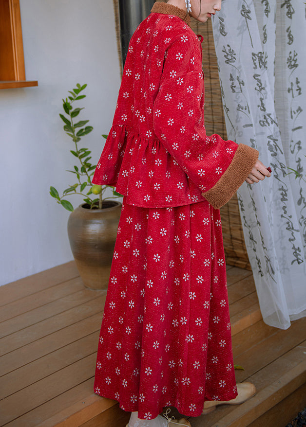 Retro Rot Bestickt Patchwork Warme Fleece Sets 2 Stück Frühling TQ010