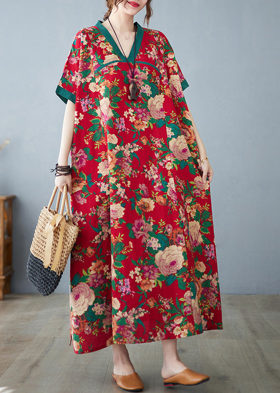 Baumwollkleider Maxi Sommer Print Rot Oversized Retro
