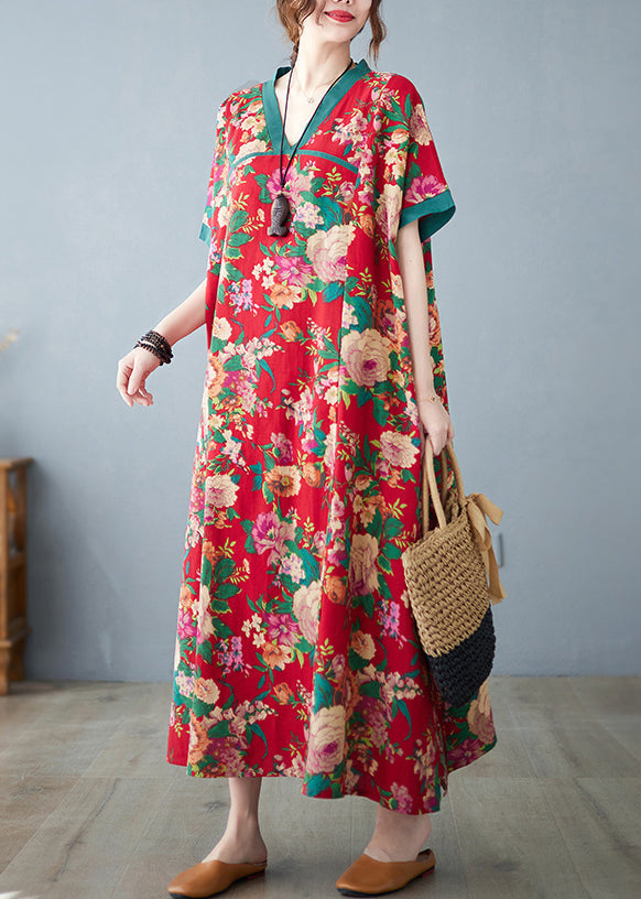 Baumwollkleider Maxi Sommer Print Rot Oversized Retro