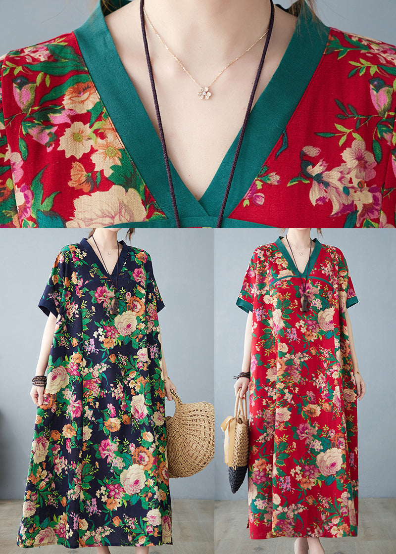 Baumwollkleider Maxi Sommer Print Rot Oversized Retro