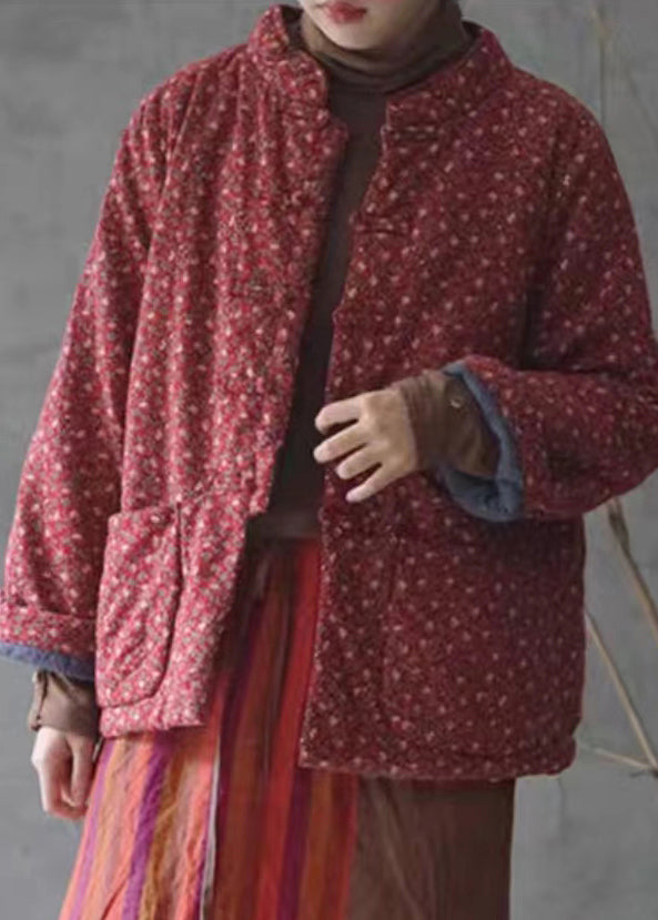 Retro Rot Druck Knopf Taschen Baumwolle Gefüllt Mäntel Winter QG029