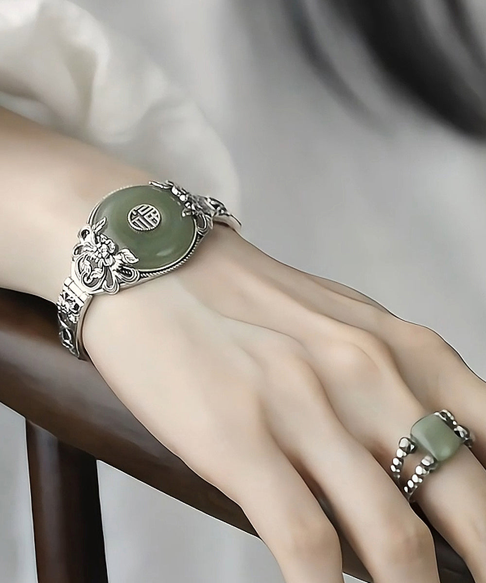 Retro-Armreif aus Sterlingsilber mit Jade-Pfingstrosen-Schnalle, Seide, RB026