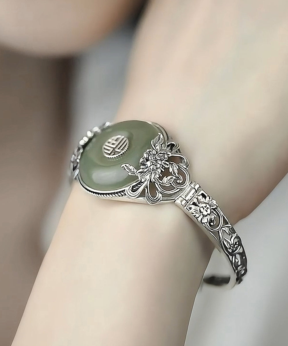 Retro-Armreif aus Sterlingsilber mit Jade-Pfingstrosen-Schnalle, Seide, RB026