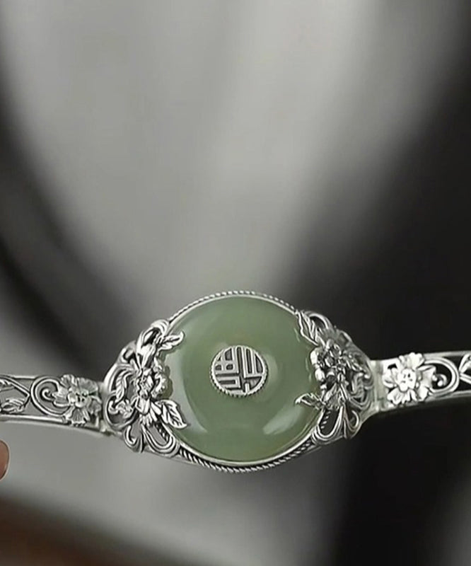 Retro-Armreif aus Sterlingsilber mit Jade-Pfingstrosen-Schnalle, Seide, RB026