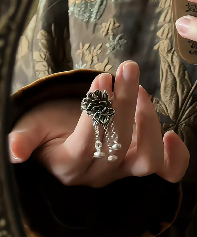 Peony Tassel Sterling Silk Retro Rings Silver