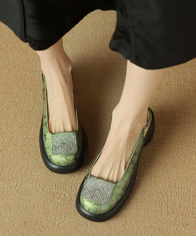 Retro Splicing Chunky Loafer Shoes Green Cowhide Leather YC006