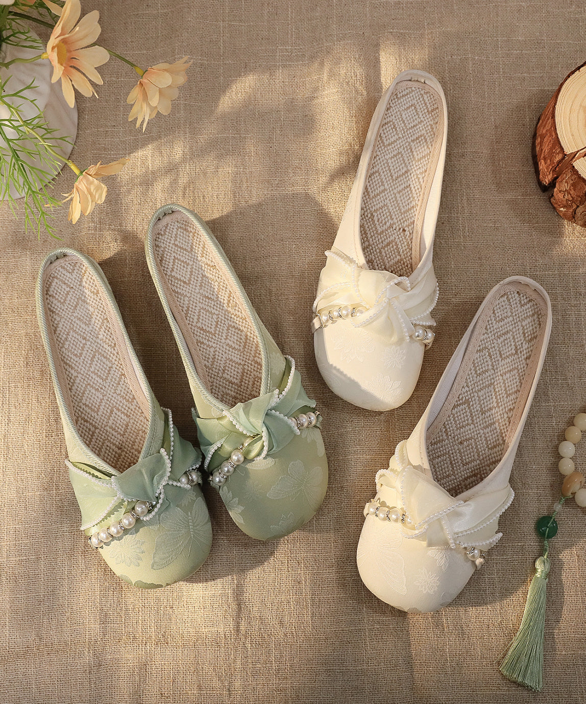 Chunky Embroidered Satin Sandals Splicing White Slide Retro