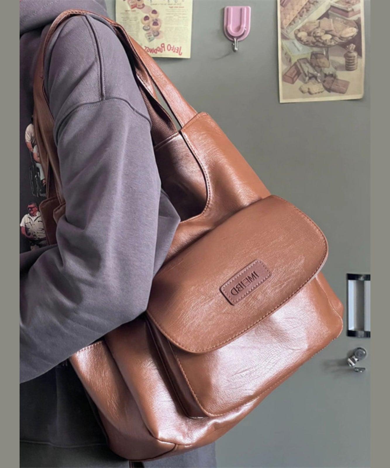Vielseitige Handtasche aus Kunstleder im Retro-Stil mit großem Fassungsvermögen, braun, SX1007