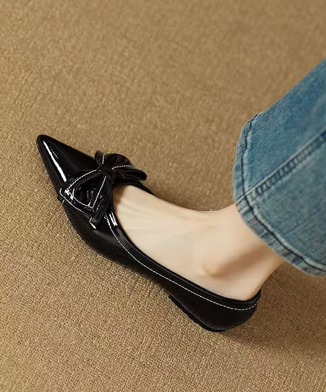 Leather Pointed Flat Shoes Rose Splicing Faux Toe Fitted Bow