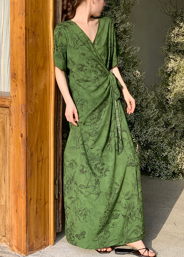 Baumwolle Rose Kleid Druck Taille Sommer V Hals Krawatte Lange