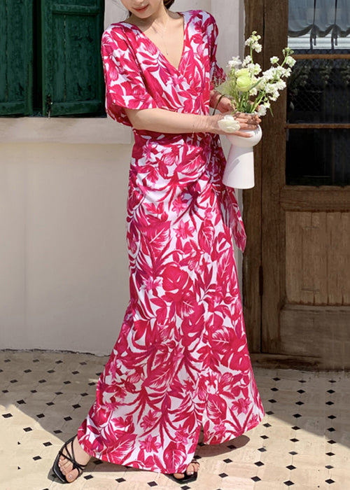 Baumwolle Rose Kleid Druck Taille Sommer V Hals Krawatte Lange