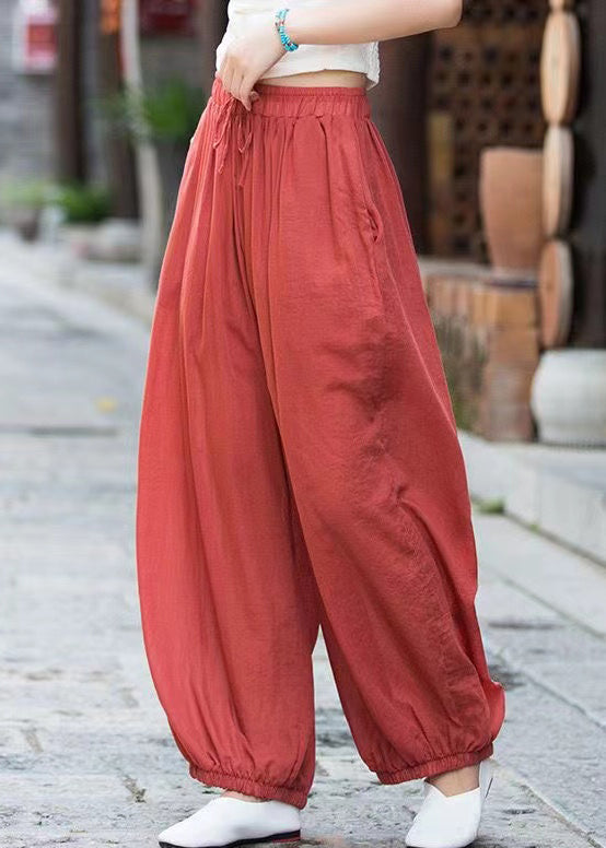 Rostfarbene, knöchellange Hose aus festem Leinen mit Schnürung und elastischer Taille QE053