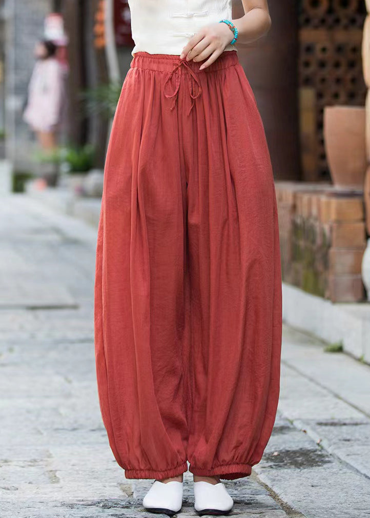 Rostfarbene, knöchellange Hose aus festem Leinen mit Schnürung und elastischer Taille QE053
