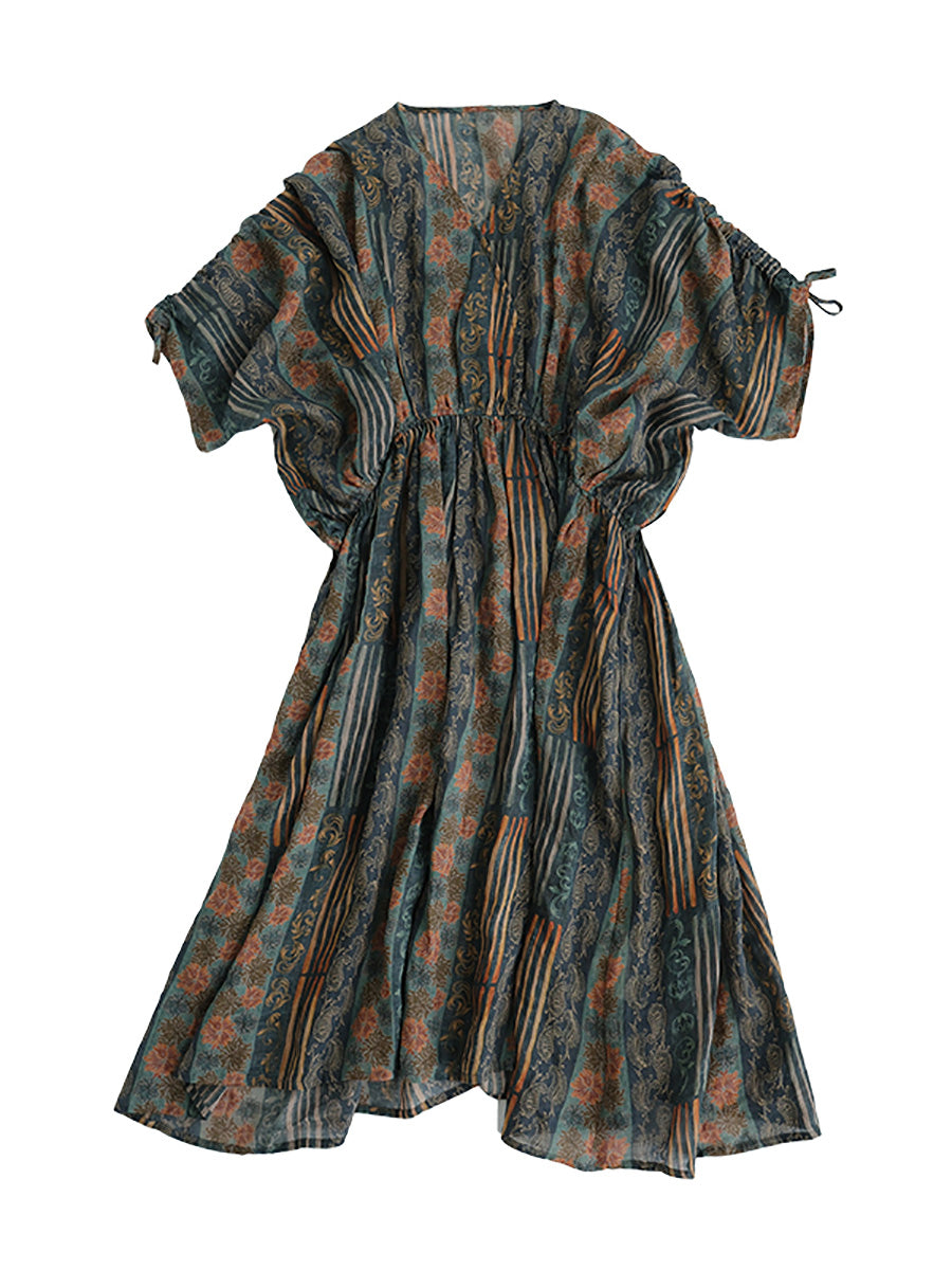 Übergröße Damen Sommerkleid mit künstlerischem Print und V-Ausschnitt aus Ramie LL054