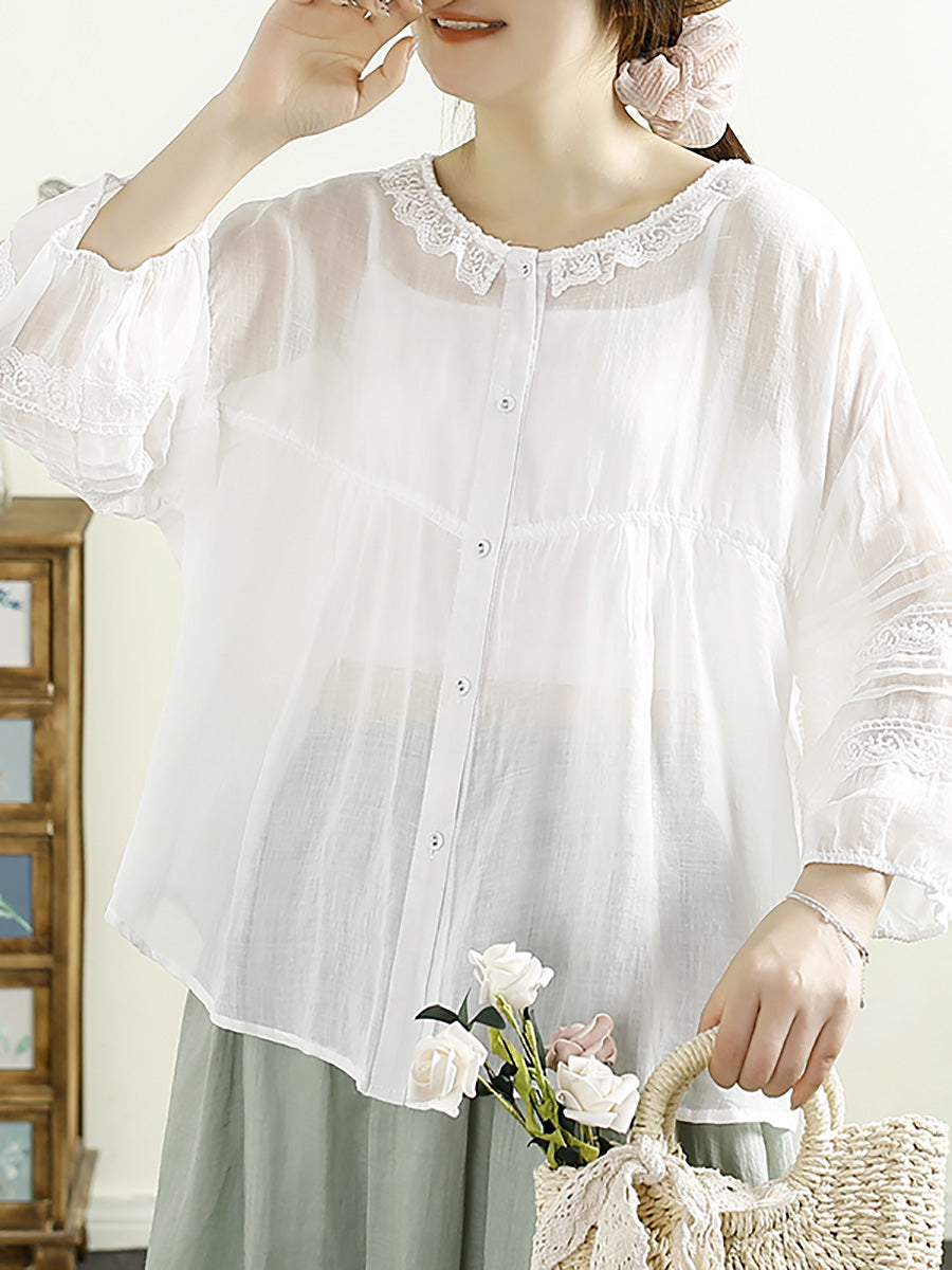 Damen Artsy Solid Lacework Button-up Ramie Shirt HH043