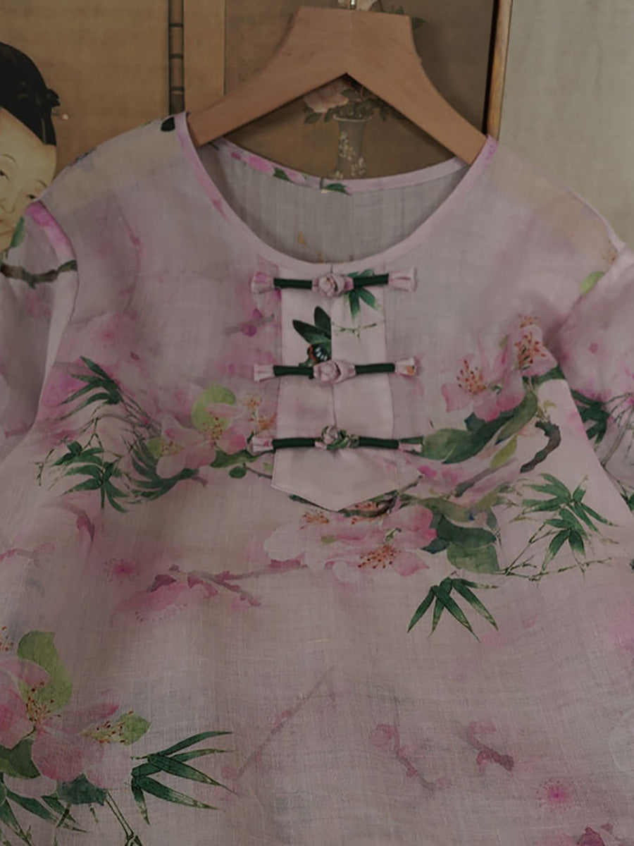 Frauen Sommer Ethnische Blume Ramie Schnalle Hemd PA1015