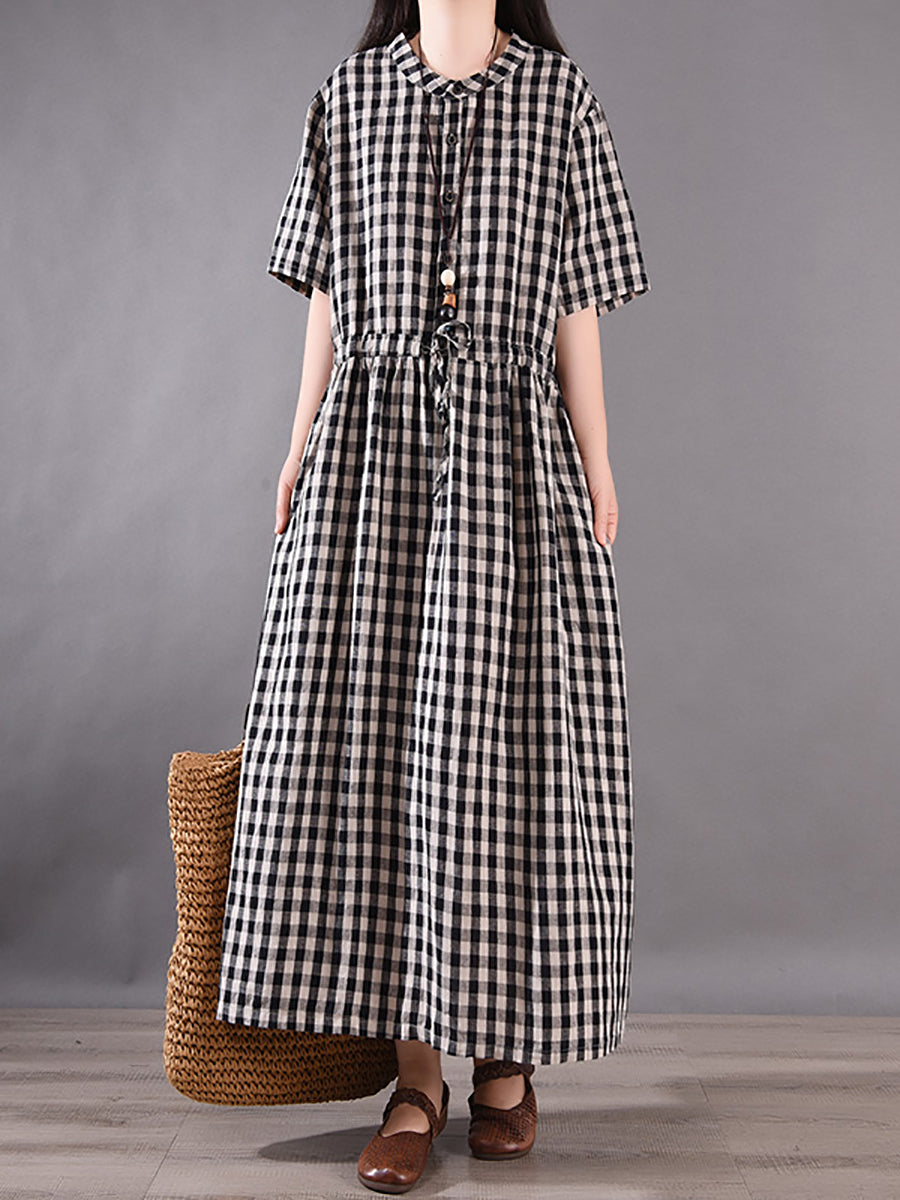 Damen Sommer Vintage Plaid Strap Leinen Baumwolle Kleid CV1036