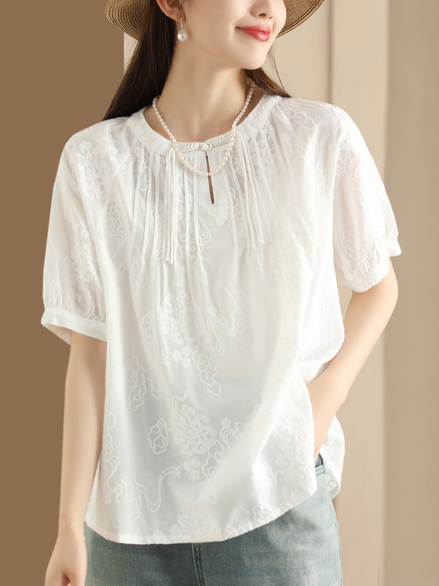 Chemise ample en coton froncé à motif jacquard uni pour femme XX1018