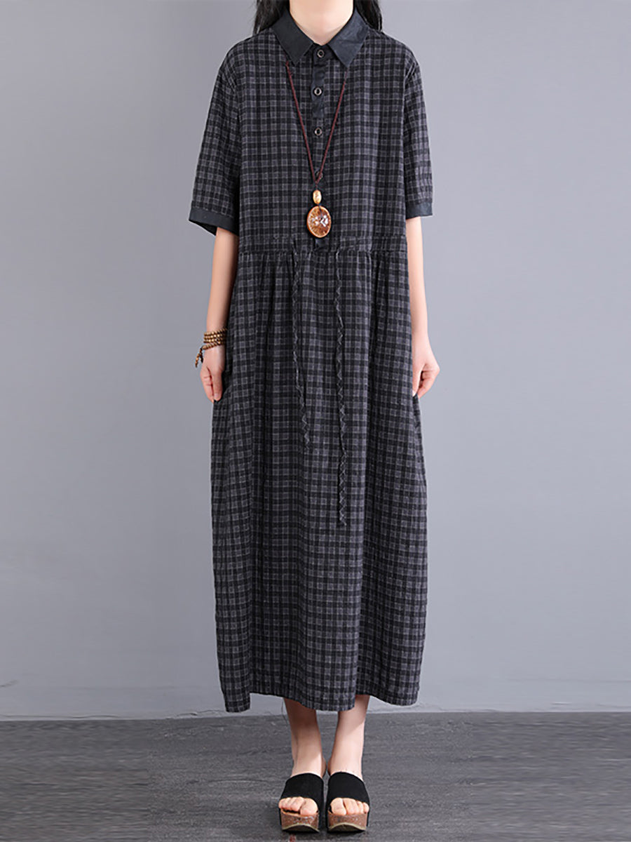 Übergröße Damen Artsy Plaid Baumwollleinenkleid KL1021