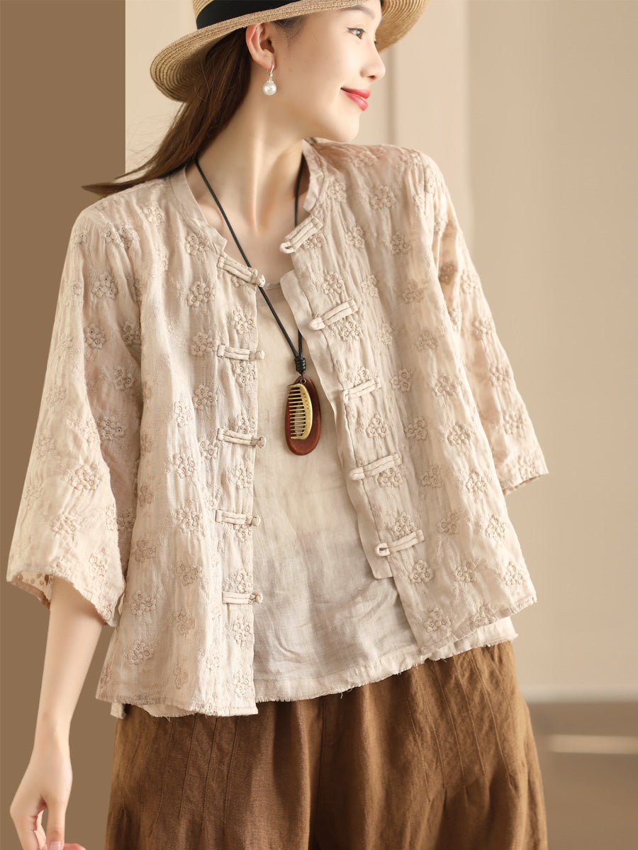 Damen Bluse aus Ramie mit Jacquard-Knopfleiste und ethnischen Blumen SC1023