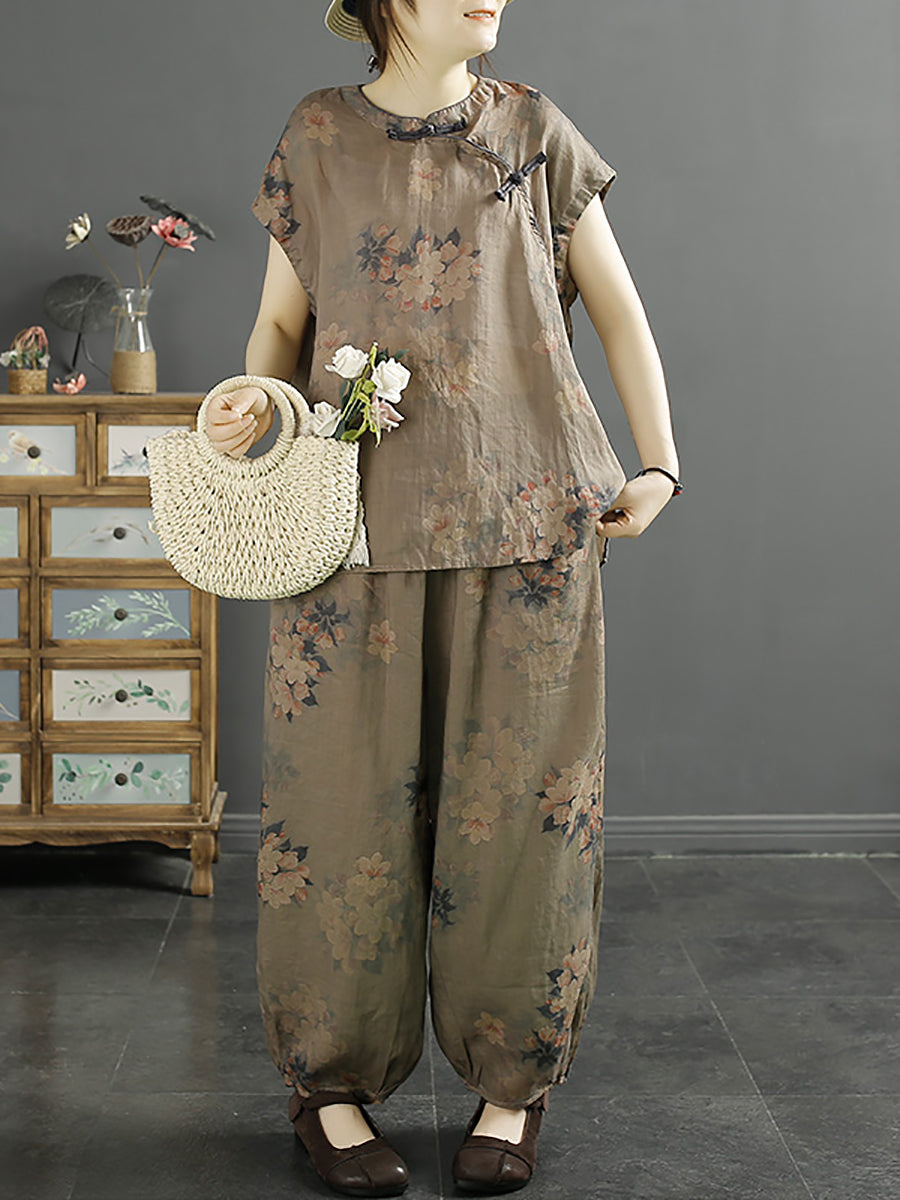 Frauen Ethnische Sommer Floral Schnalle 100% Ramie Shirt KL1007