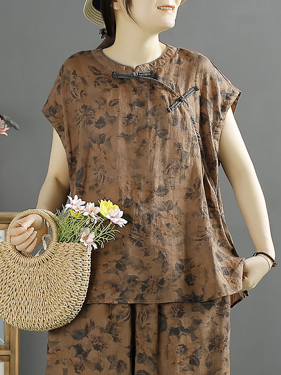 Frauen Ethnische Sommer Floral Schnalle 100% Ramie Shirt KL1007