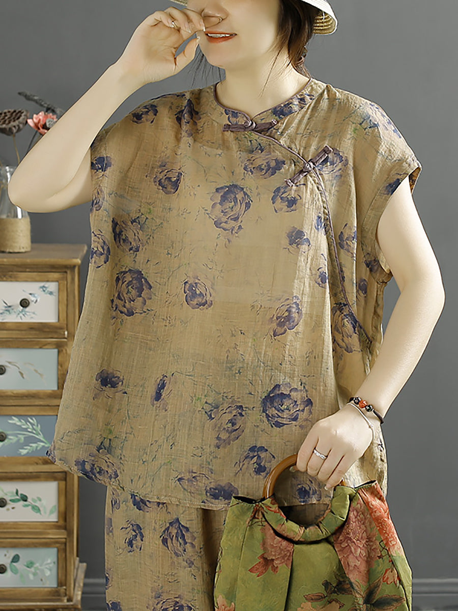 Frauen Ethnische Sommer Floral Schnalle 100% Ramie Shirt KL1007